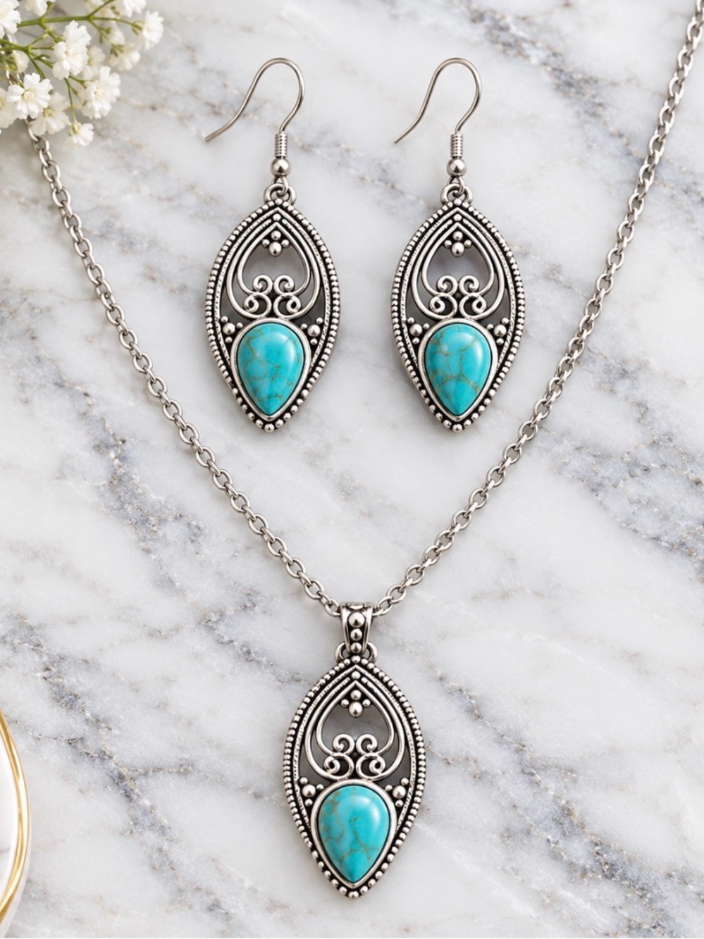 Turquoise Teardrop Pendant Necklace & Earrings Set - Silver Tone Hardwood